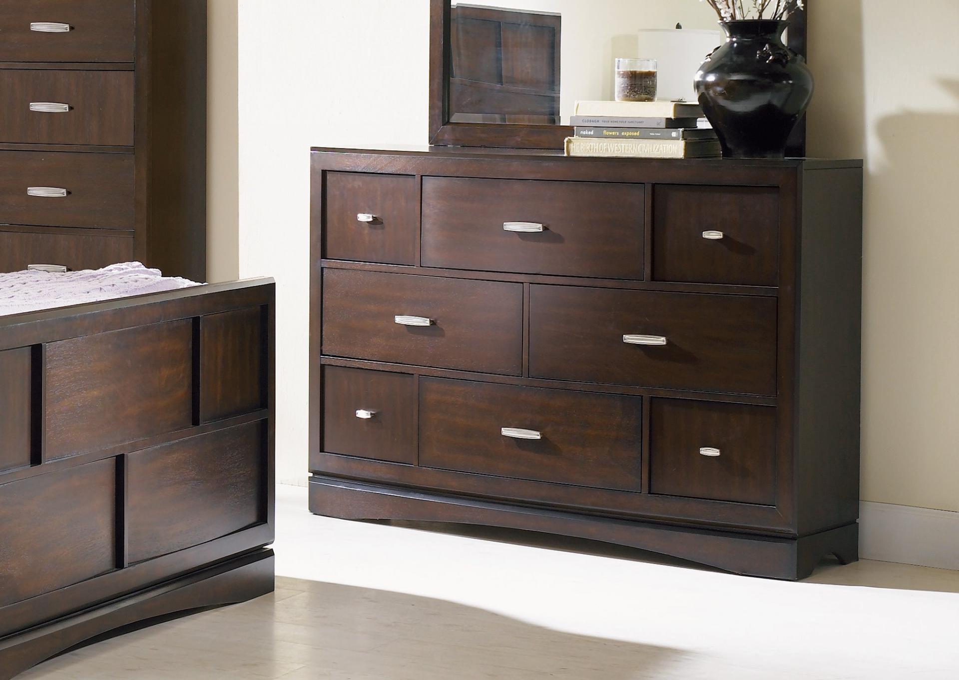 Brown Storage Bed with dresser mirror and nightstand